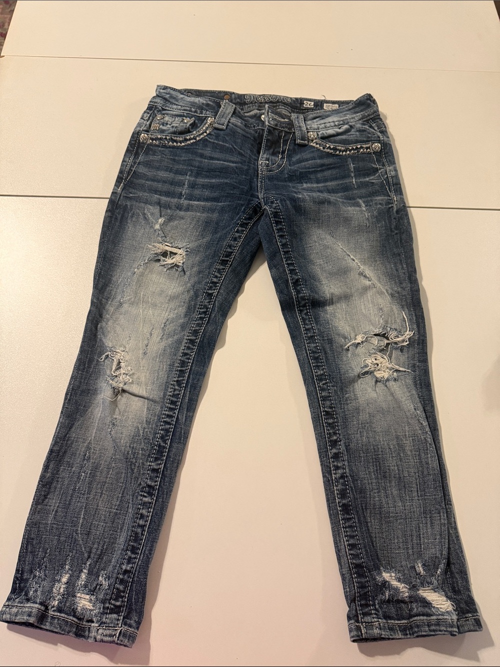 Miss Me - Women’s Distressed Boyfriend Jeans - Dark Blue Wash